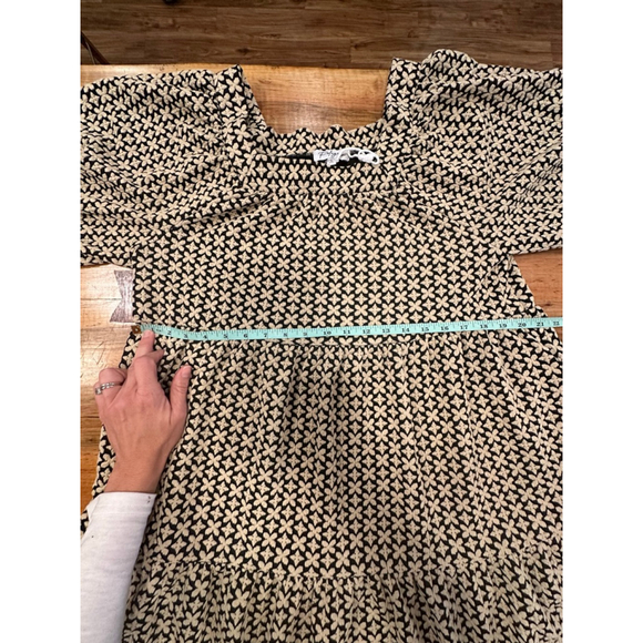 Polagram Boho Black Cream Floral Textured Puff Sleeve Tiered Babydoll Midi Dress - Picture 10 of 13